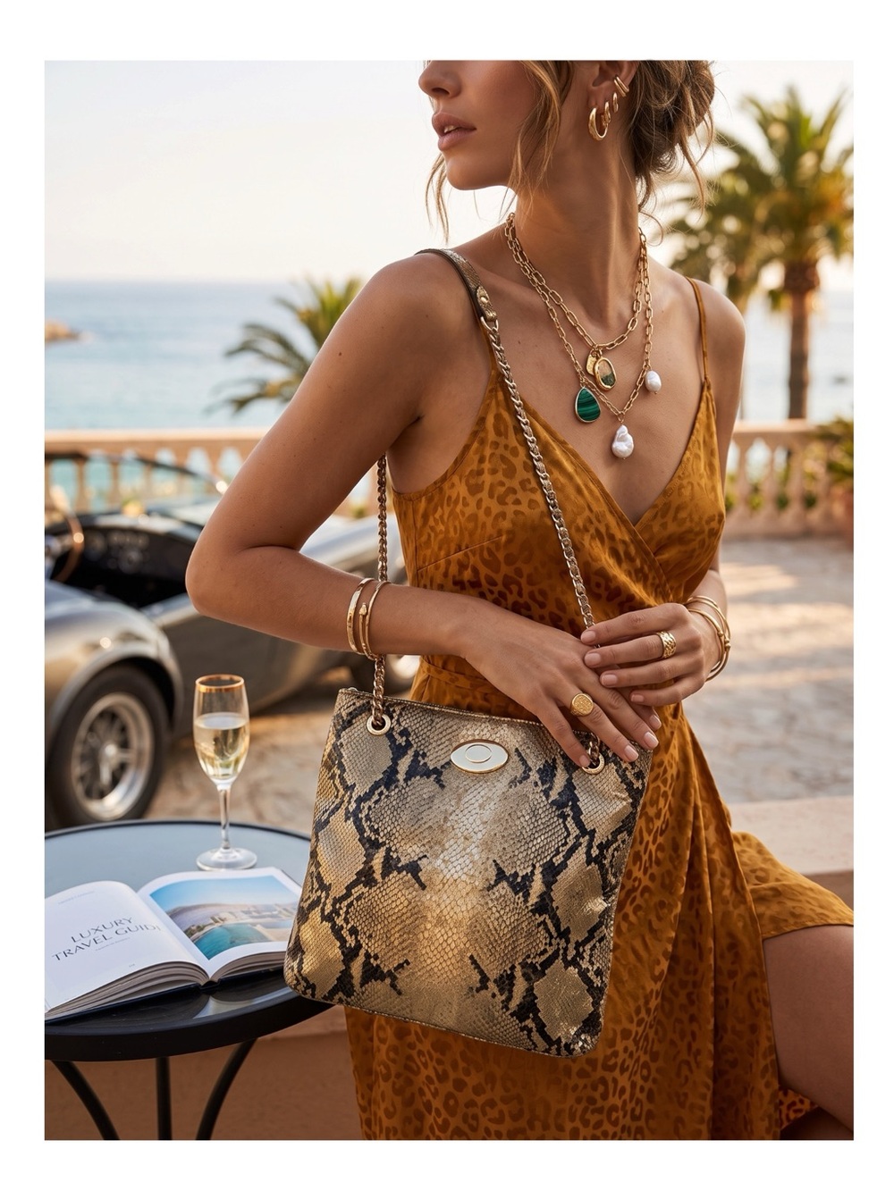 DKNY 𖤐 Convertible Crossbody Leather Handbag 𖤐 Metallic Python 𖤐 Gold Chain